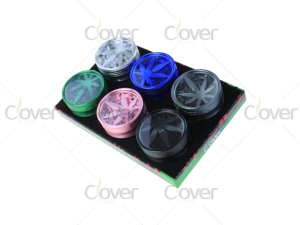 4-layer metal herb grinders with clear top and leaf design — assorted color spice crushers in 6-piece retail display by CloverGlass