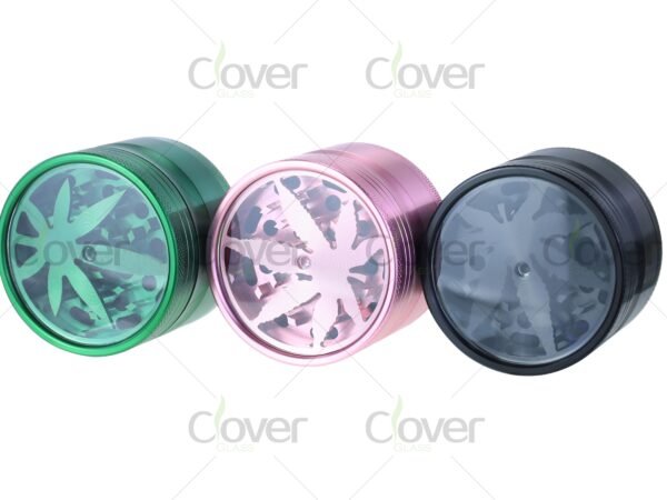 4-layer metal herb grinders with clear top and leaf design — assorted color spice crushers in 6-piece retail display by CloverGlass