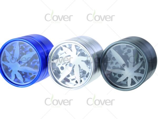 4-layer metal herb grinders with clear top and leaf design — assorted color spice crushers in 6-piece retail display by CloverGlass