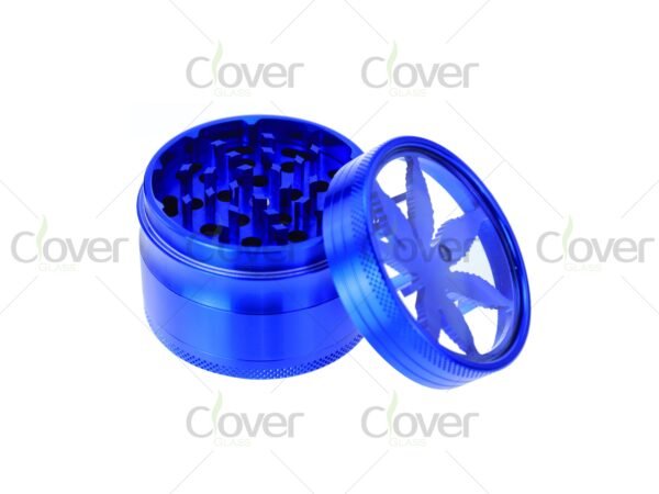 4-layer metal herb grinders with clear top and leaf design — assorted color spice crushers in 6-piece retail display by CloverGlass