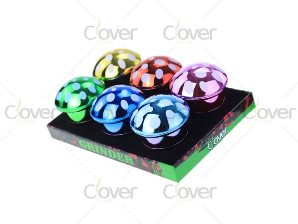 Colorful mushroom-shaped metal herb grinders in bulk display — 2-piece spice crusher set for dry herb by CloverGlass