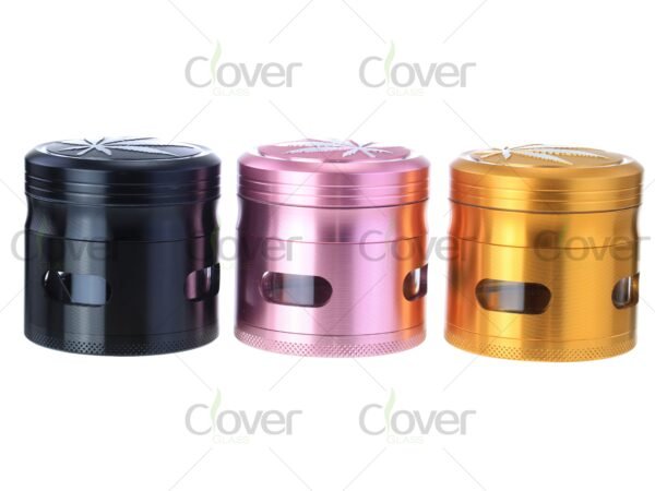 Metal herb grinders with engraved cannabis leaf design — 4-piece dry herb crushers in assorted colors, bulk display by CloverGlass
