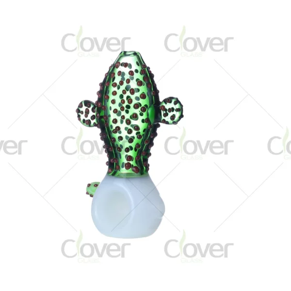 Cactus-shaped green glass hand pipes with red dot accents and white bowl — 6-piece retail display box by CloverGlass