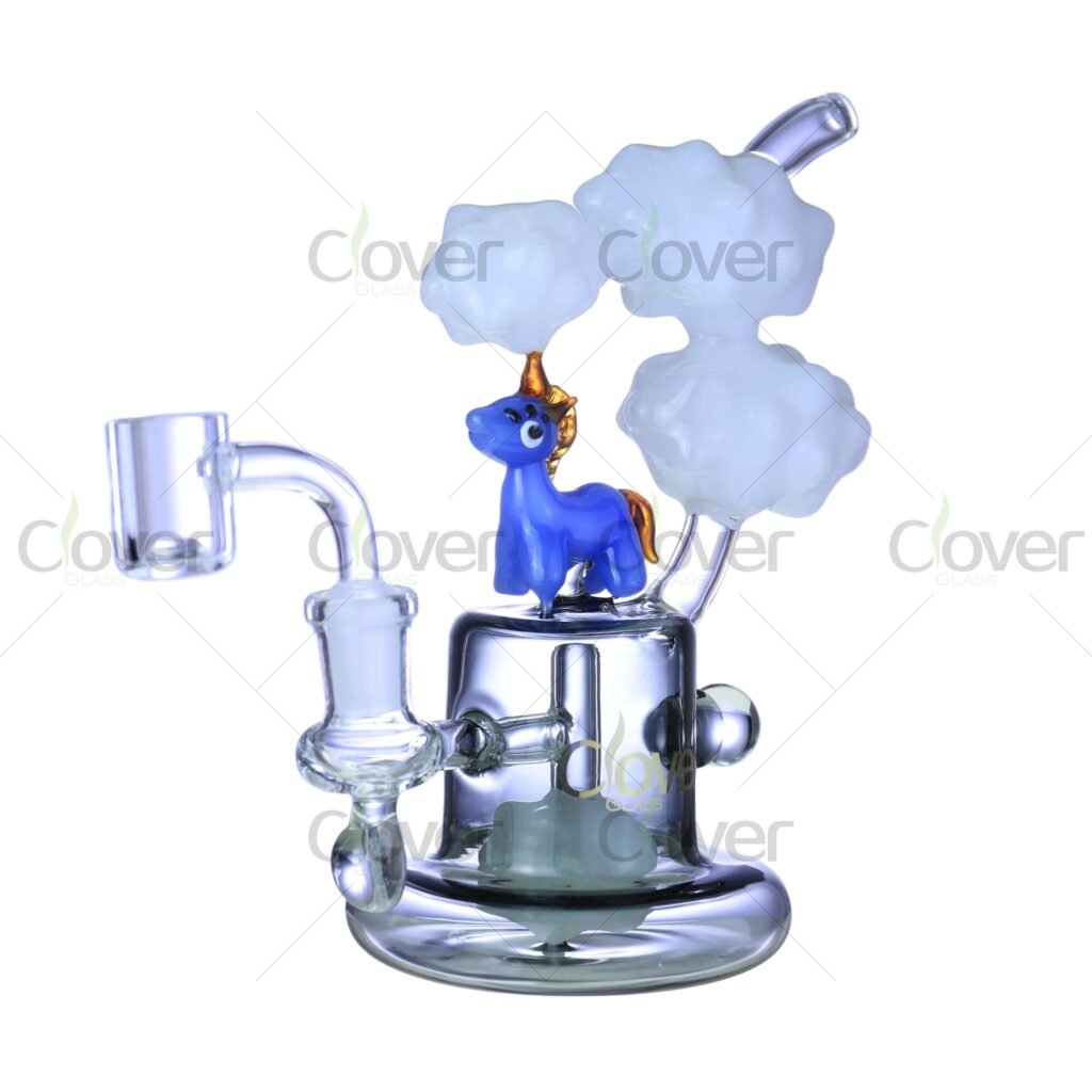 6.88" Unicorn Dab Rig with Cloud Accents & Marble Perc | Whimsical Fantasy Glass by Clover