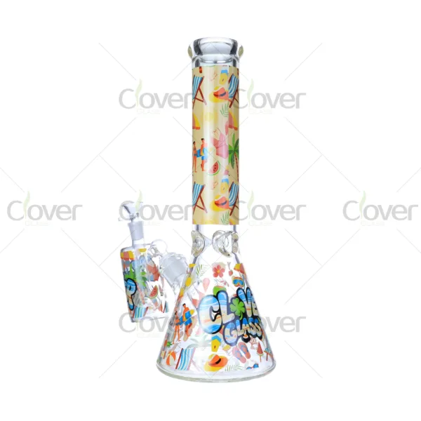 14″ Beaker Bong with Summer Print & Ash Catcher Set | 7mm Thick Glass | Clover Glass Series