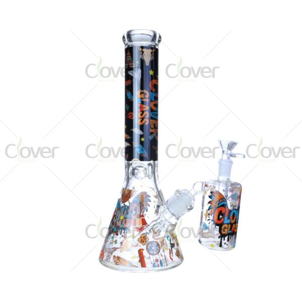 14″ Tribal Print Beaker Bong with Matching Ash Catcher | 7mm Thick Glass | Clover Glass Collection