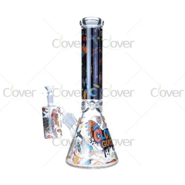 14″ Tribal Print Beaker Bong with Matching Ash Catcher | 7mm Thick Glass | Clover Glass Collection