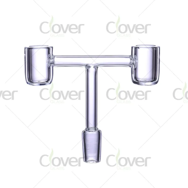 Double quartz banger for dab rigs — dual head glass nail with 14mm male joint in wholesale jar packaging by CloverGlass