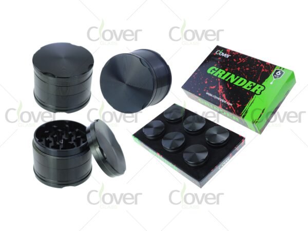 Matte black 4-piece metal herb grinders for dry herb — minimalist spice crushers in 6-pack retail box by CloverGlass