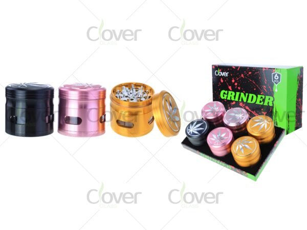 Metal herb grinders with engraved cannabis leaf design — 4-piece dry herb crushers in assorted colors, bulk display by CloverGlass