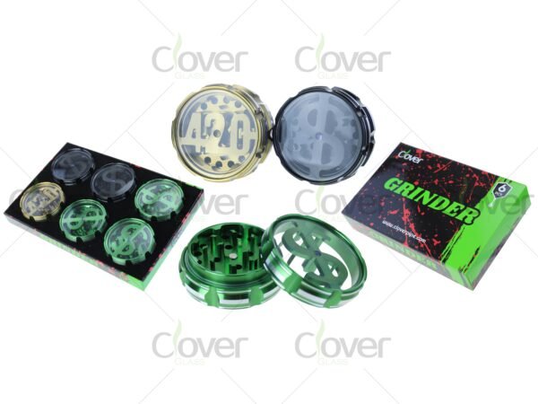 420 and dollar sign metal herb grinders with clear top — 4-piece spice crushers in assorted colors and 6-pack retail box by CloverGlass