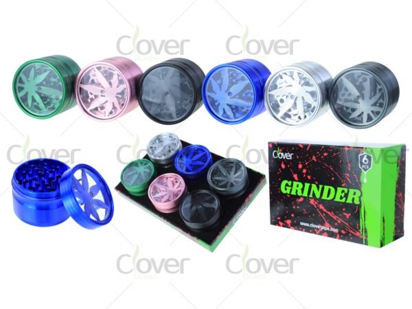 4-layer metal herb grinders with clear top and leaf design — assorted color spice crushers in 6-piece retail display by CloverGlass