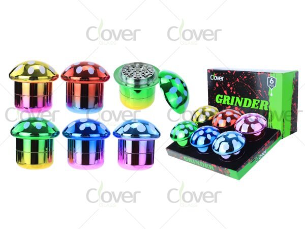 Colorful mushroom-shaped metal herb grinders in bulk display — 2-piece spice crusher set for dry herb by CloverGlass