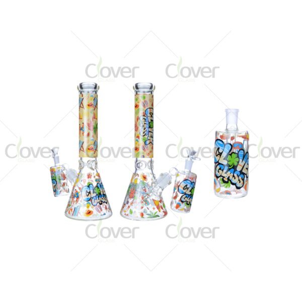 14″ Beaker Bong with Summer Print & Ash Catcher Set | 7mm Thick Glass | Clover Glass Series
