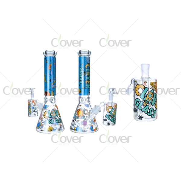 14″ Space Theme Beaker Bong with Matching Ash Catcher | 7mm Thick Glass | Clover Glass