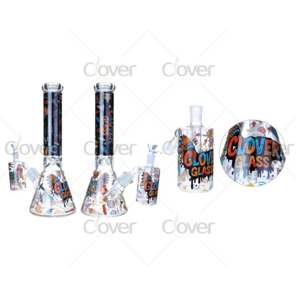 14″ Tribal Print Beaker Bong with Matching Ash Catcher | 7mm Thick Glass | Clover Glass Collection