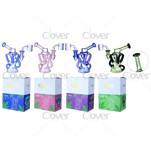 5.9″ Dual Recycler Dab Rig with Bent Neck & Color Accents | 5mm Thick Glass by Clover