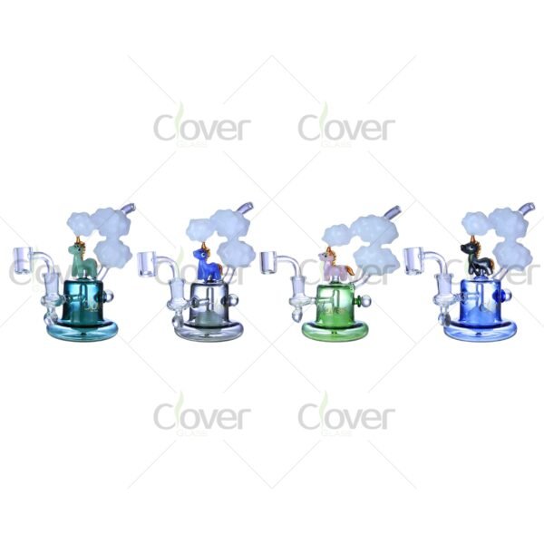 6.88″ Unicorn Dab Rig with Cloud Accents & Marble Perc | Whimsical Fantasy Glass by Clover