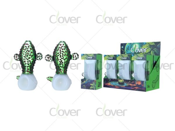 Cactus-shaped green glass hand pipes with red dot accents and white bowl — 6-piece retail display box by CloverGlass