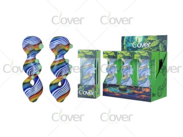 Spiral striped glass hand pipes with colorful design and marble grip — 6-piece retail display box by CloverGlass