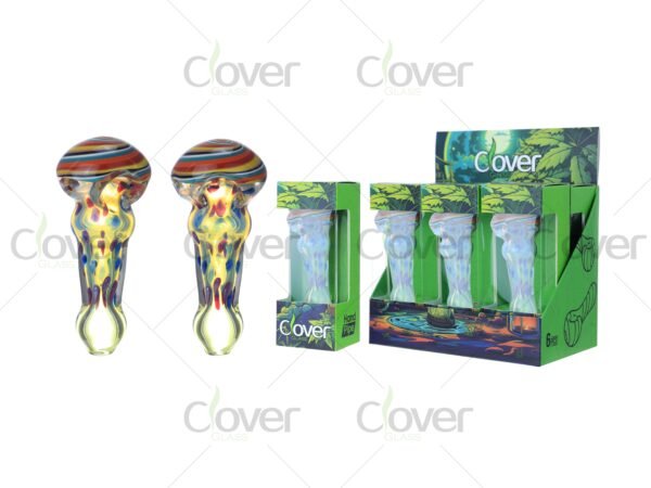 Striped fumed glass hand pipes with colorful dot design — spoon-shaped smoking pipes in 6-piece retail display box by CloverGlass