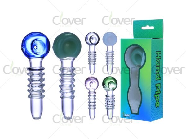 Colorful glass hand pipes with spiral grip and round bowl — mini smoking pipes in retail box packaging by CloverGlass