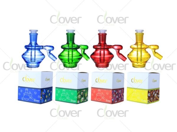 Colorful retro-style mini glass ash catchers with angled joint — 4-pack rig set with matching gift boxes by CloverGlass