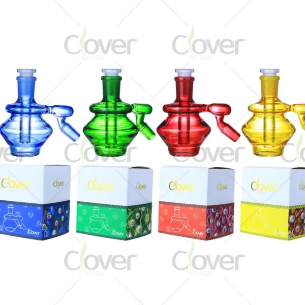 Colorful retro-style mini glass ash catchers with angled joint — 4-pack rig set with matching gift boxes by CloverGlass