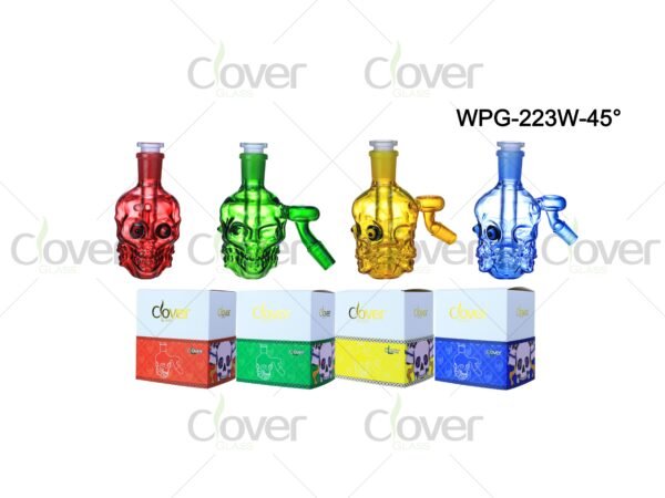 Colorful skull-shaped glass ash catchers with 45-degree joint — WPG-223W-45° bong set in custom gift boxes by CloverGlass