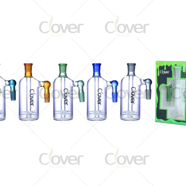 Honeycomb percolator glass ash catchers with 14mm 45-degree joint — multicolor recycler attachments in retail box by CloverGlass