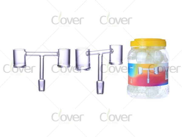 T-shape dual quartz banger with 14mm male joint — symmetrical glass dab nail for rigs in 8-pack wholesale jar by CloverGlass