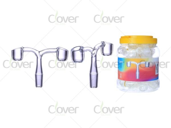 Bent dual quartz banger with 14mm male joint — Y-shape glass dab nail for rigs in wholesale jar pack by CloverGlass
