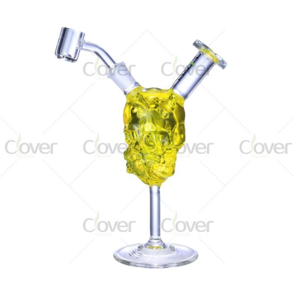 Colorful skull-shaped glass dab rigs with 14mm joint and 5mm thick glass, unique smoking water pipes for wholesale by Clover Glass.