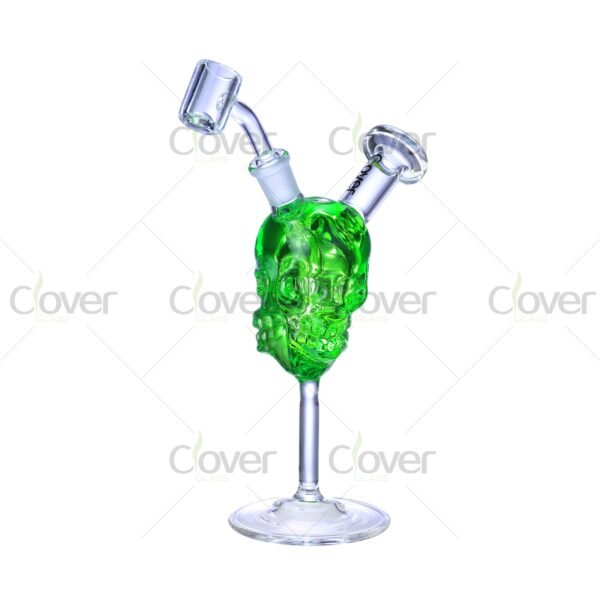Colorful skull-shaped glass dab rigs with 14mm joint and 5mm thick glass, unique smoking water pipes for wholesale by Clover Glass.