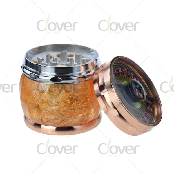 Roulette design zinc alloy 4-part herb grinder, 71×72mm metal and plastic grinder with display box, wholesale by Clover Glass.