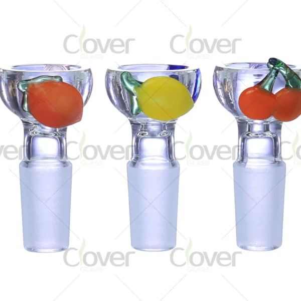 Fruit handle 14mm glass bowl for bongs, handcrafted lemon and cherry glass bowl head for water pipes, wholesale by Clover Glass.