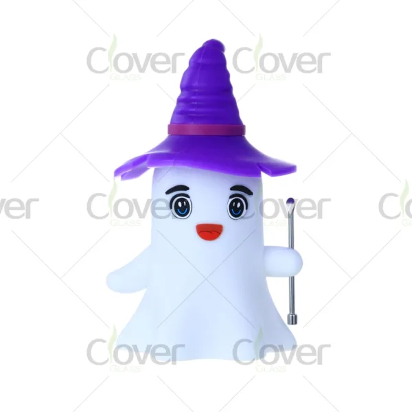 Cute ghost silicone water pipe with glass bowl, 150mm tall Halloween-themed silicone bong, wholesale by Clover Glass.