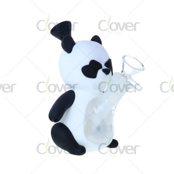 Cute panda silicone water pipe with 148mm height and glass bowl, durable animal-themed silicone bong, wholesale by Clover Glass.