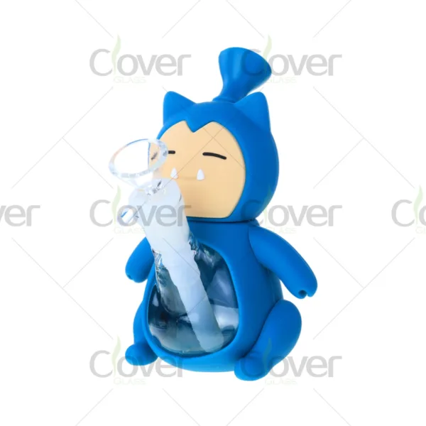 Blue cartoon character silicone water pipe with glass bowl, 153mm tall durable silicone bong for smoking, wholesale by Clover Glass.
