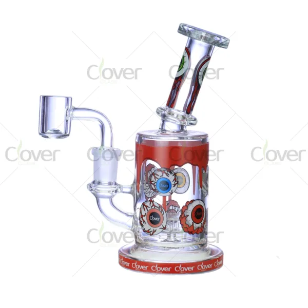Glow-in-the-dark eyeball recycler glass bong with 14mm joint and 5mm thick glass, mini water pipe with gift box, wholesale by Clover Glass.