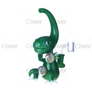 Colorful dinosaur-shaped glass dab rigs with 14mm joint and 5mm thick glass, cute cartoon water pipes for smoking and wholesale by Clover Glass.