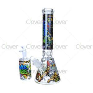 Graffiti-style beaker glass bongs with 14mm joint and 7mm thick glass, colorful decal water pipes for smoking, wholesale by Clover Glass.