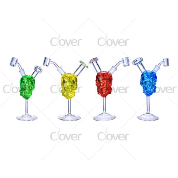 Colorful skull-shaped glass dab rigs with 14mm joint and 5mm thick glass, unique smoking water pipes for wholesale by Clover Glass.