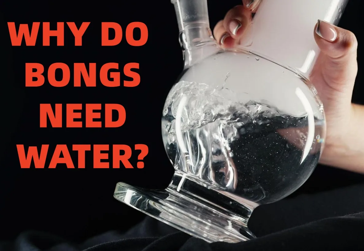 A person holds a glass bong with bubbling water and smoke, next to red text.