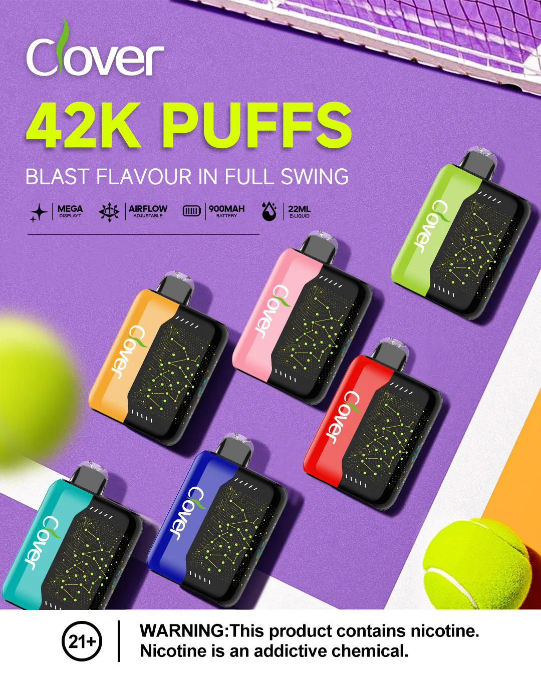Clover 42K Puffs disposable vapes in vibrant colors with tennis court background.