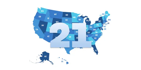 Blue map of United States states with a large, prominent number 21.