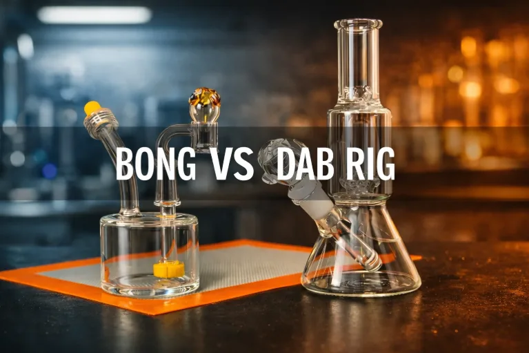 Clear glass bong and dab rig comparison, highlighting their distinct designs and uses.