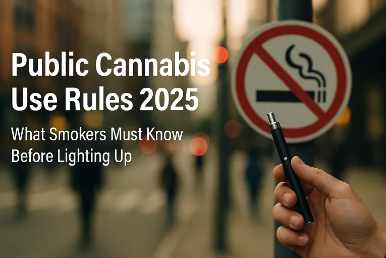 Hand holding vape pen near 'No Smoking' sign, discussing 2025 cannabis rules.
