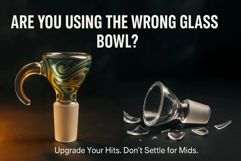 A high-quality, decorative glass bong bowl next to a cheap, broken clear glass bowl.