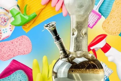 A dirty glass bong surrounded by colorful cleaning supplies like sponges, gloves, and sprays.